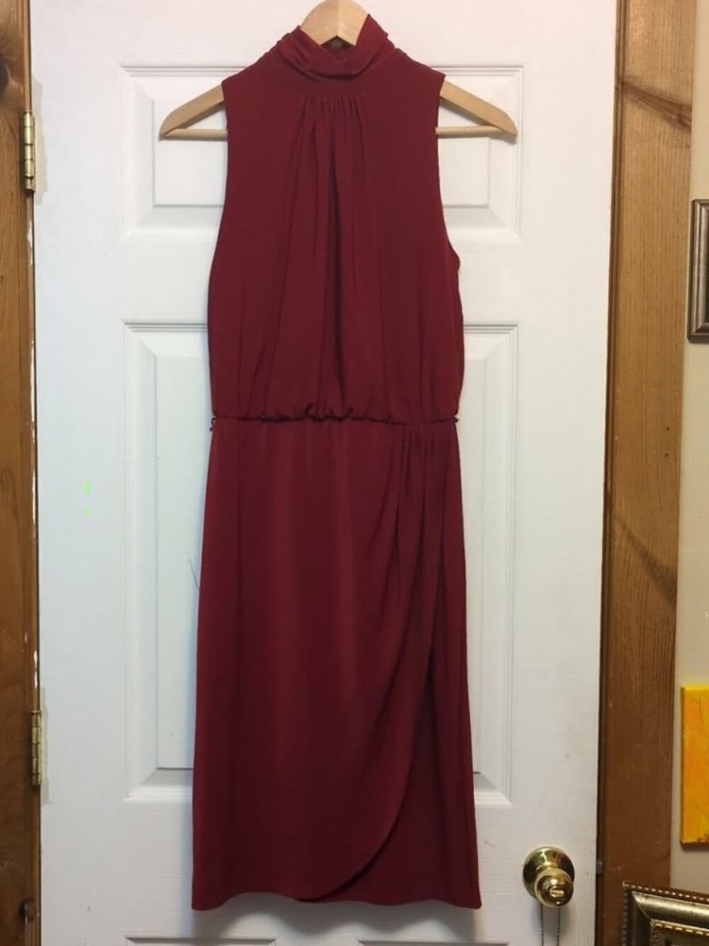 Lauren Ralph Lauren Size 6 Blouson Dress Burgundy Sleeveless Mock Neck Cocktail